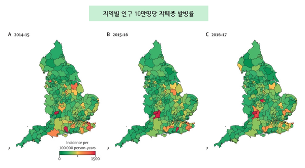 영국 지역별 인구 10만명당 자폐증 발병률 [출처=랜싯 아동&청소년 건강]