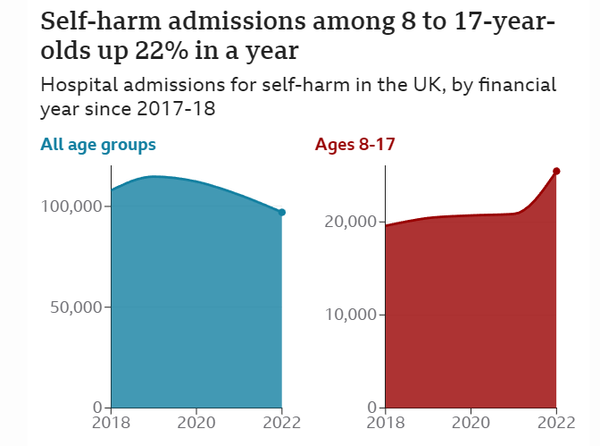 2017-2018년 이후 회계 연도별 영국의 자해로 인한 입원. 자료 NHS보고서, BBC 