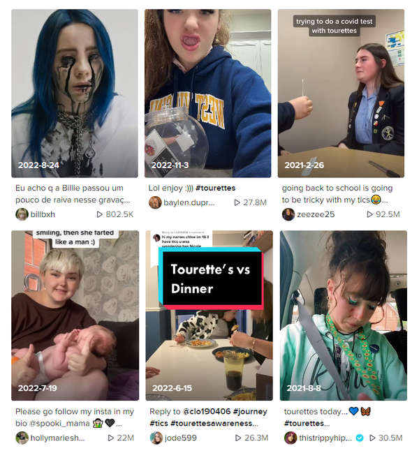 ‘#tourettes’라는 해시태그로 검색하자 틱톡에는 다음과 같은 영상이 노출됐다. 틱톡 