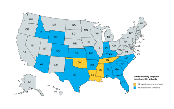 19개 주에서는 여전히 학교에서 체벌을 허용하고 있다. 헤칭거리포트 
