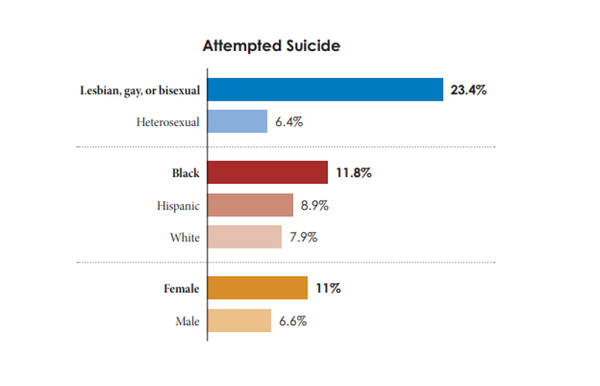 자살 시도한 청소년 비율. 성소수자와 흑인, 여성일수록 자살을 시도할 위험이 더 컸다. CDC 
