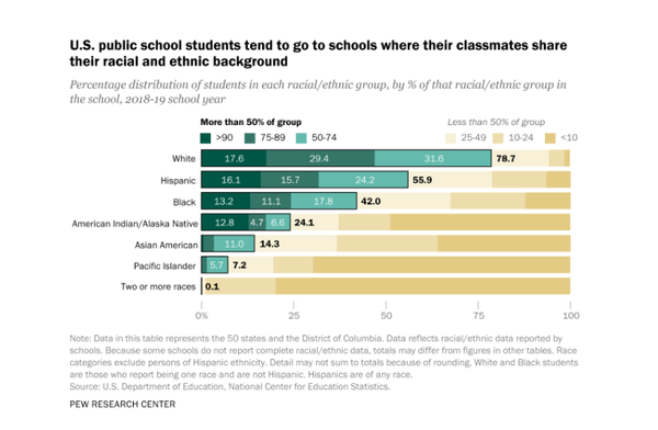 2018-19학년도에, 백인 초중등 공립학교 학생의 79%가 또래의 적어도 절반이 백인인 학교에 다녔다. 그 해에 히스패닉 학생의 절반 이상(56%)과 흑인 학생의 42%도 절반 이상이 인종이나 민족성을 공유하는 학교에 다녔다. 퓨리서치센터 