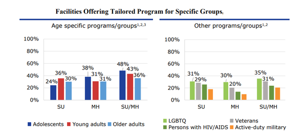 청소년 등 특정 그룹을 위한 맞춤형 프로그램을 제공하는 시설 비율. 다른 연령 범주에 비해 성인에게 맞춤형 서비스를 제공하는 비율이 높다.약물남용 및 정신건강 서비스관리센터 