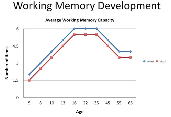 작업 기억의 용량은 평생에 걸쳐 변한다. 출생 시에는 용량이 매우 적고 어린 시절에 점차 증가해 약 14세에 최대치에 도달한다. 해피러너 