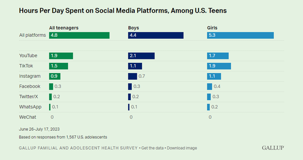 조사에 참여한 플랫폼 중 가장 인기 있는 플랫폼은 유튜브와 틱톡이었으며, 10대 여학생은 하루에 거의 2시간을 틱톡 동영상을 시청하고, 남학생은 그보다 조금 더 많은 시간을 유튜브에서 보내는 것으로 나타났다. 갤럽