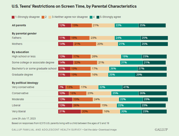 하루에 5시간 이상 소셜 미디어를 사용하는 청소년은 온라인 사용 시간이 적은 청소년에 비해 자신의 외모에 대해 부정적인 견해를 가질 가능성이 거의 3배나 높다. 갤럽